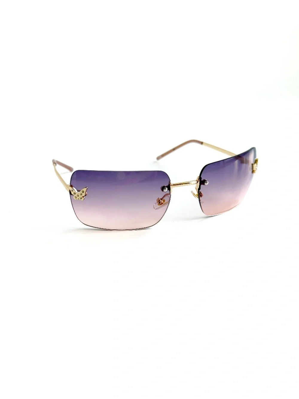 Y2K Rimless Purple Gradient Sunglasses Rhinestone Butterfly Gold Tone Retro